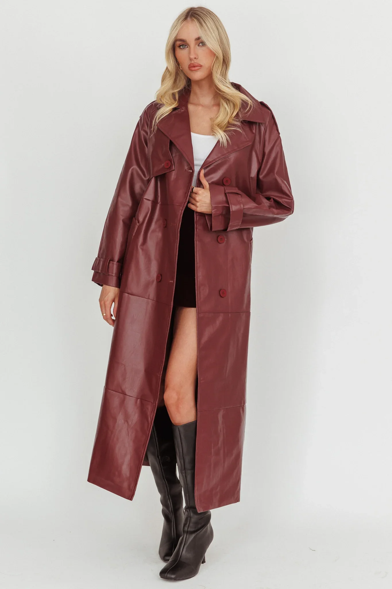 Lyora Longline Faux Leather Trench Coat Burgundy