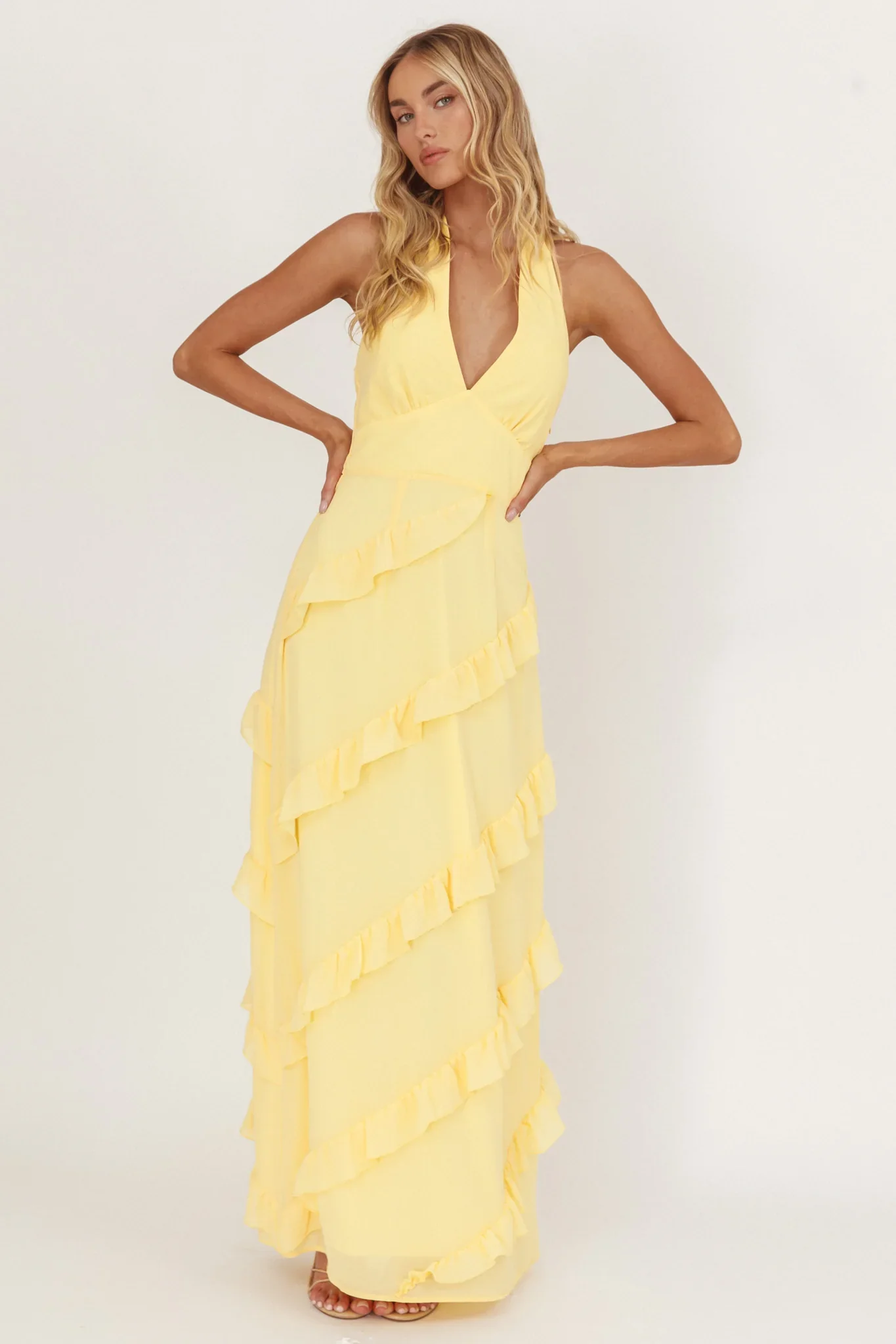Flirt Frill Trim Halter Maxi Dress Lemon
