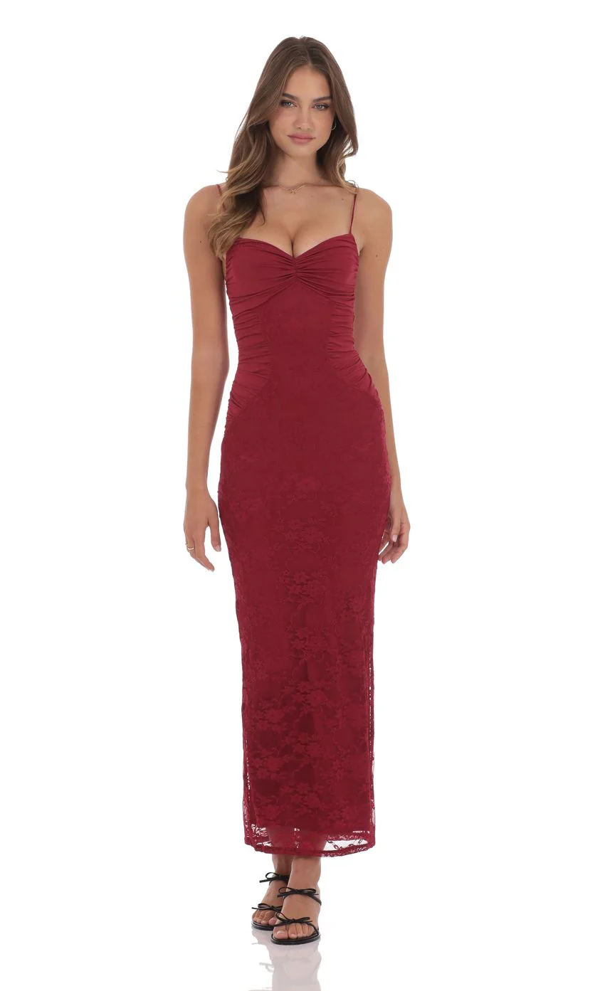 Lace Contour Maxi Dress in Red