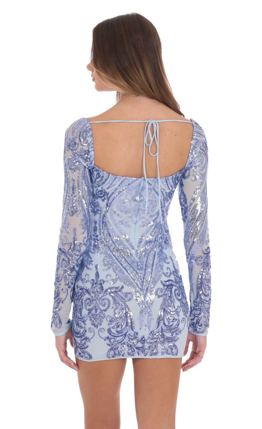 Sequin Pattern Long Sleeve Dress in Blue