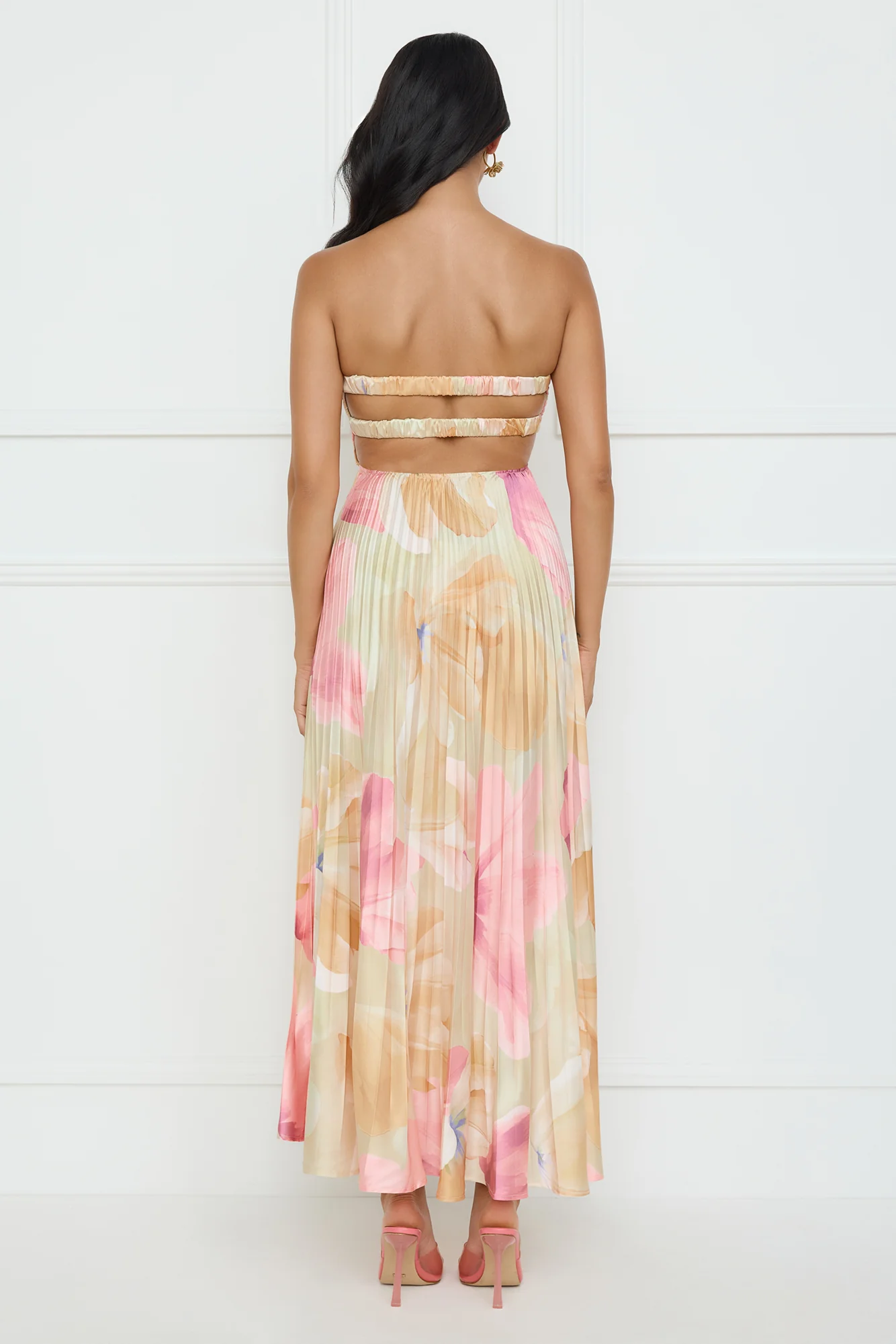 Sea Goddess Strapless Satin Maxi Dress Print