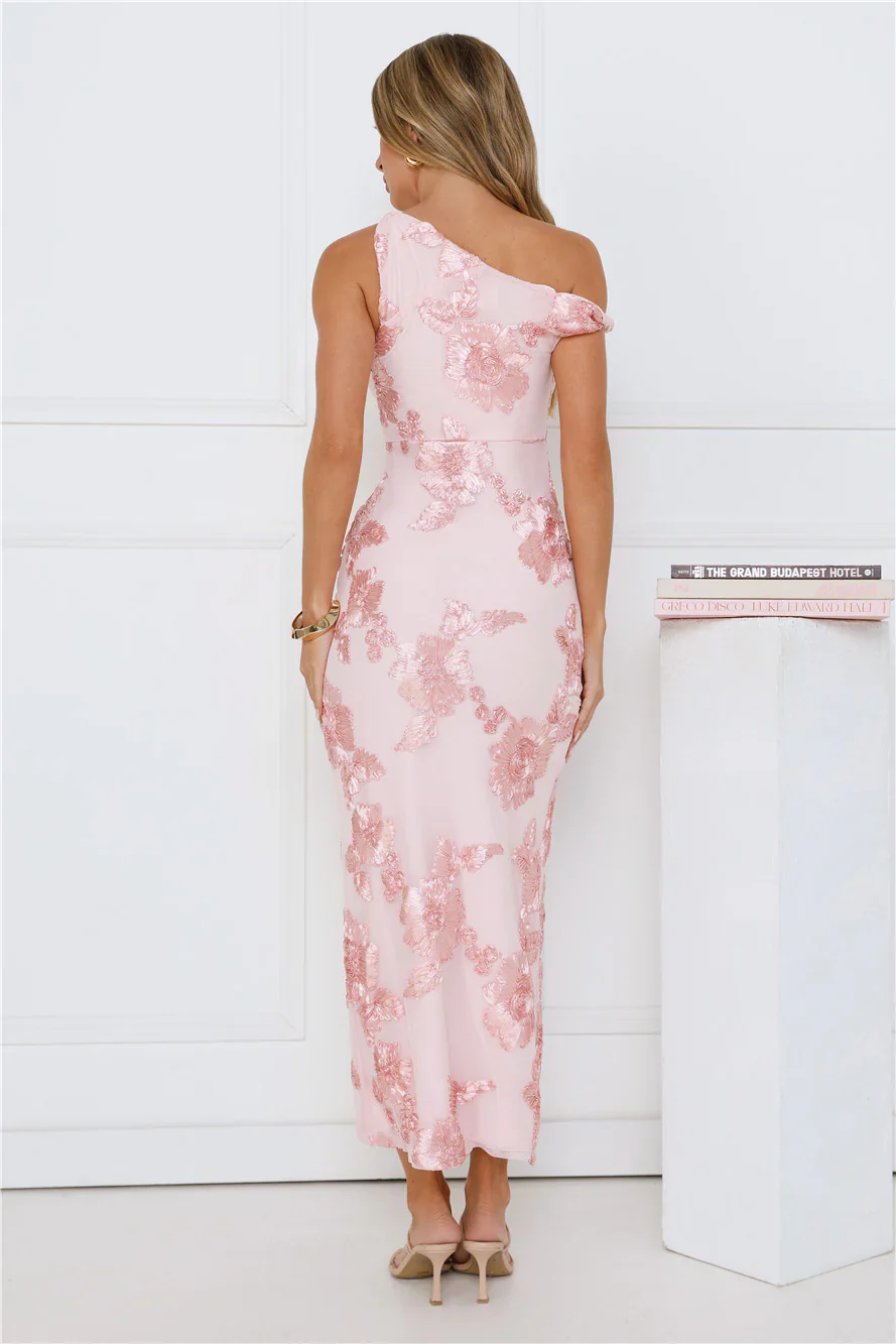 Billions Off Shoulder Mesh Maxi Dress Pink