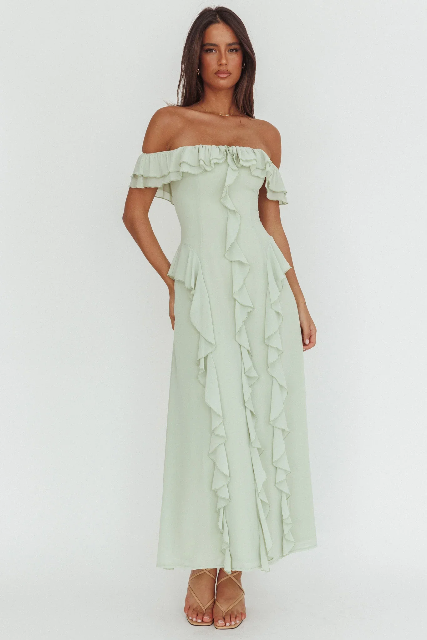 Scarlet Off-Shoulder Ruffle Trim Maxi Dress Sage