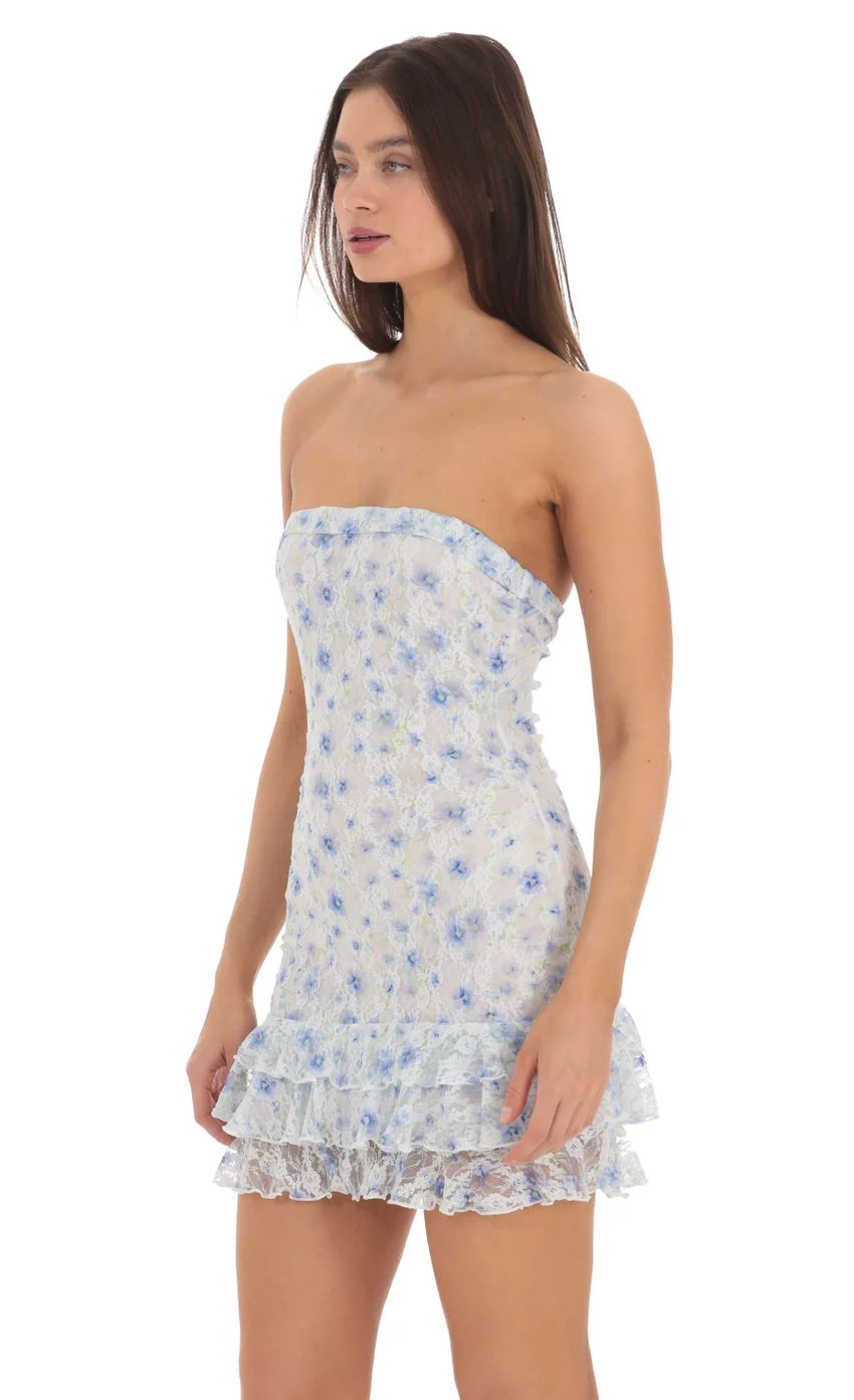 Floral Lace Strapless Bodycon Dress in White