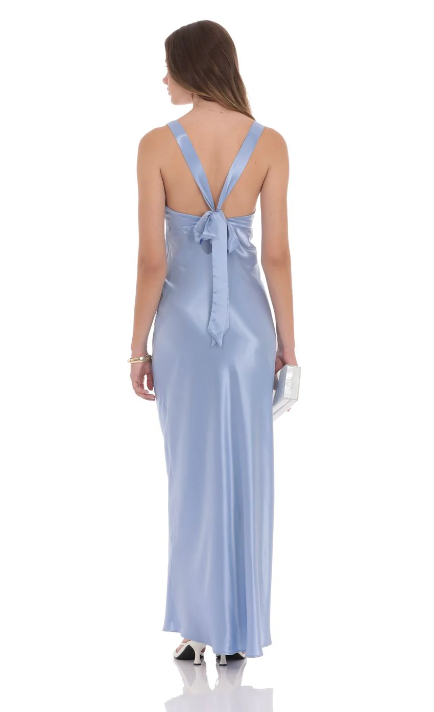 Satin V-Neck Maxi Dress in Sky Blue