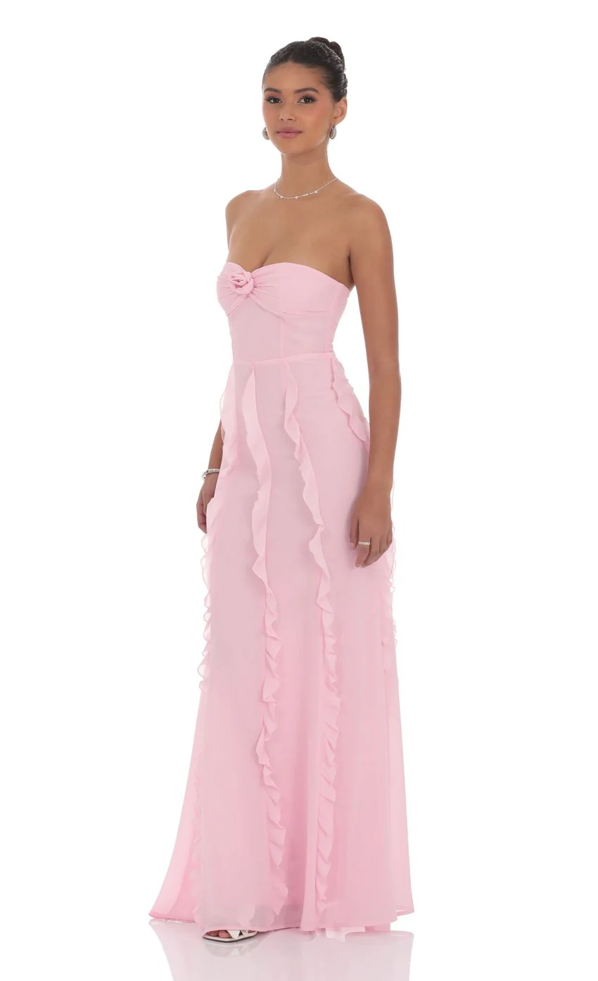 Chiffon Rosette Ruffle Maxi Dress in Pink