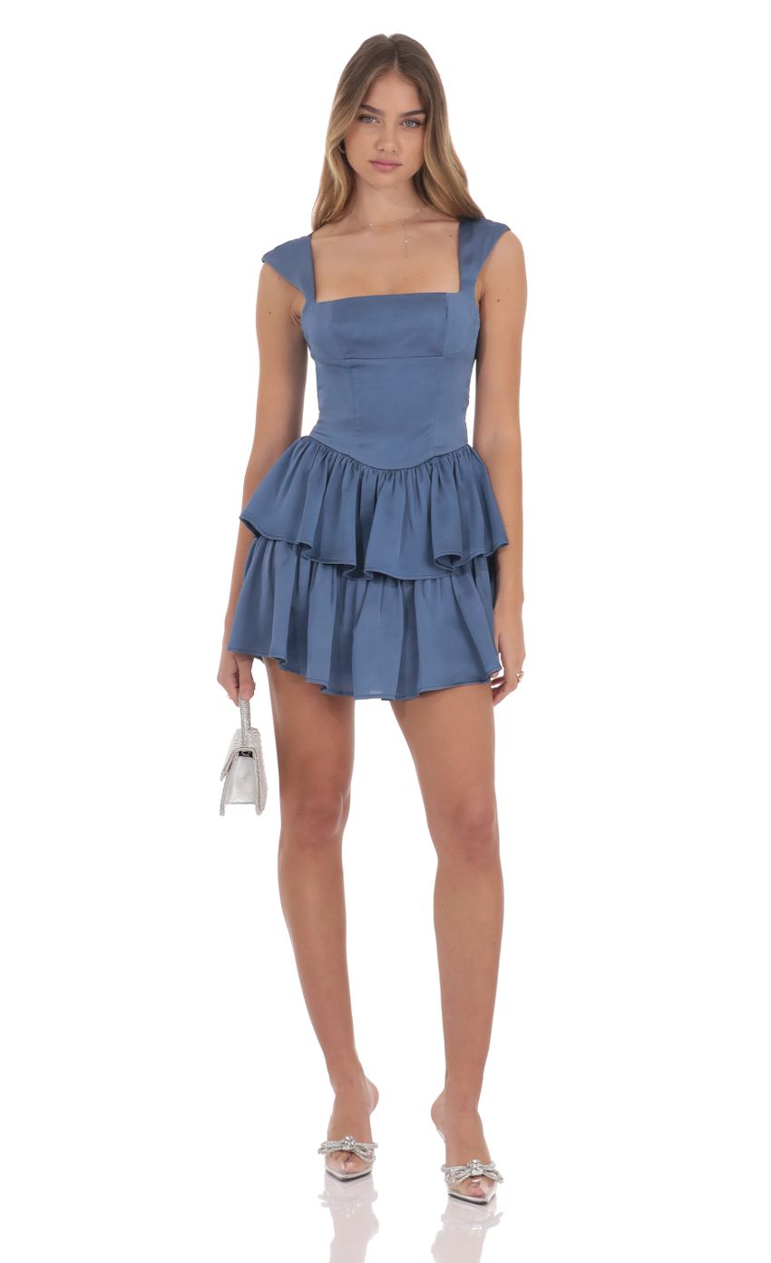 Satin Wide Strap Ruffle Dress in Denim Blue