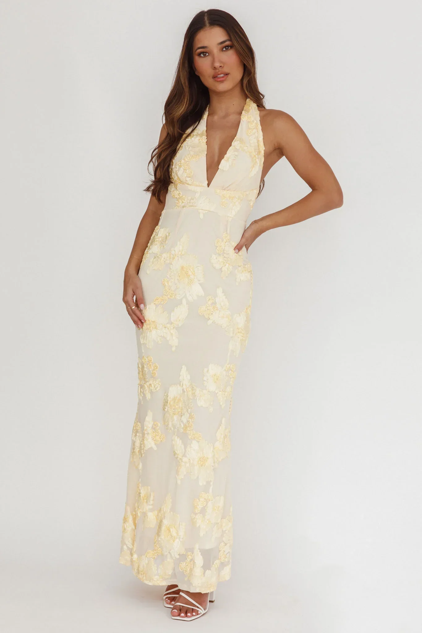 Cipriana Backless Halter Maxi Dress Embellished Yellow