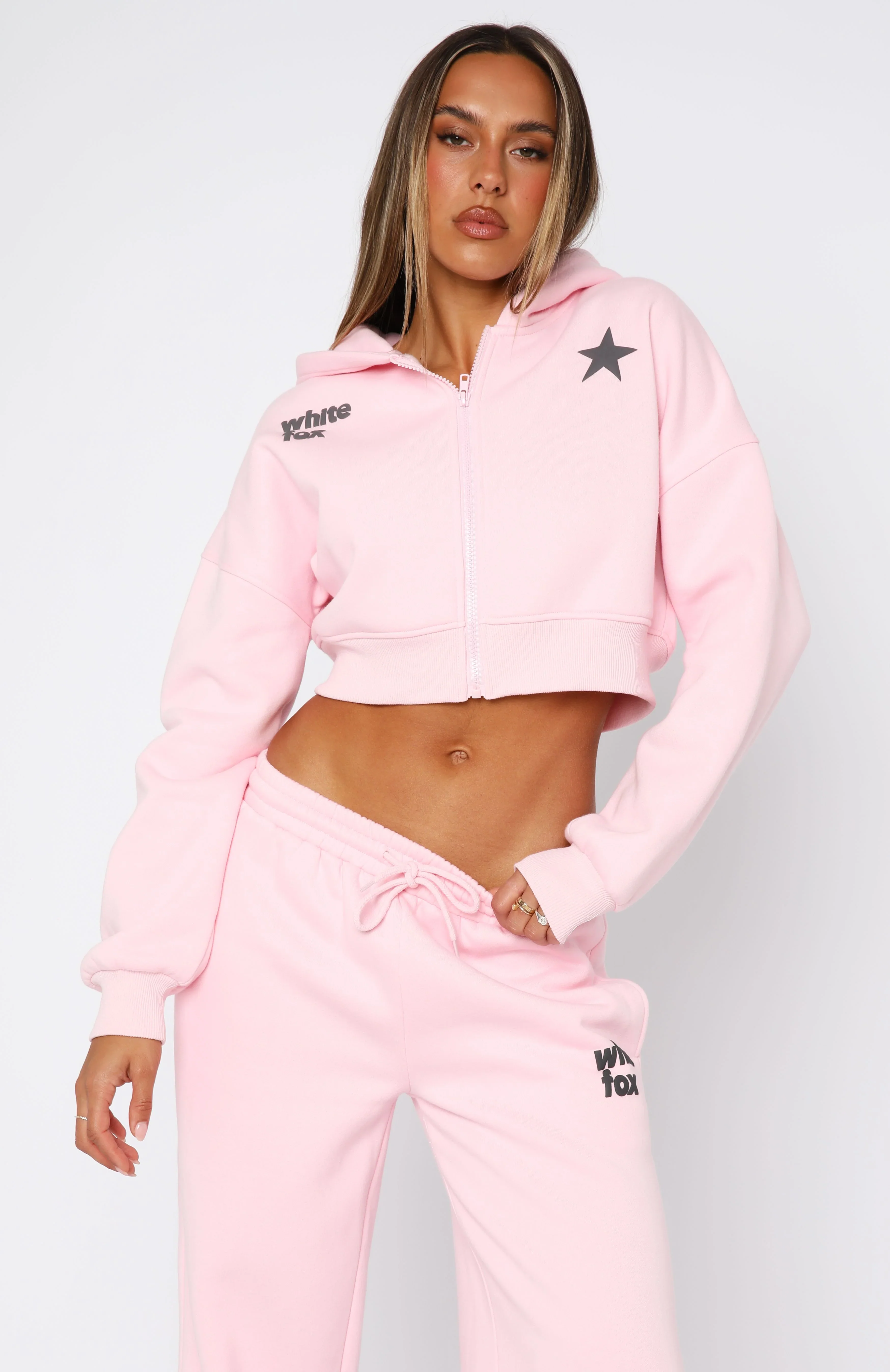 From The Archives Charli Cropped Zip Front Hoodie Pink