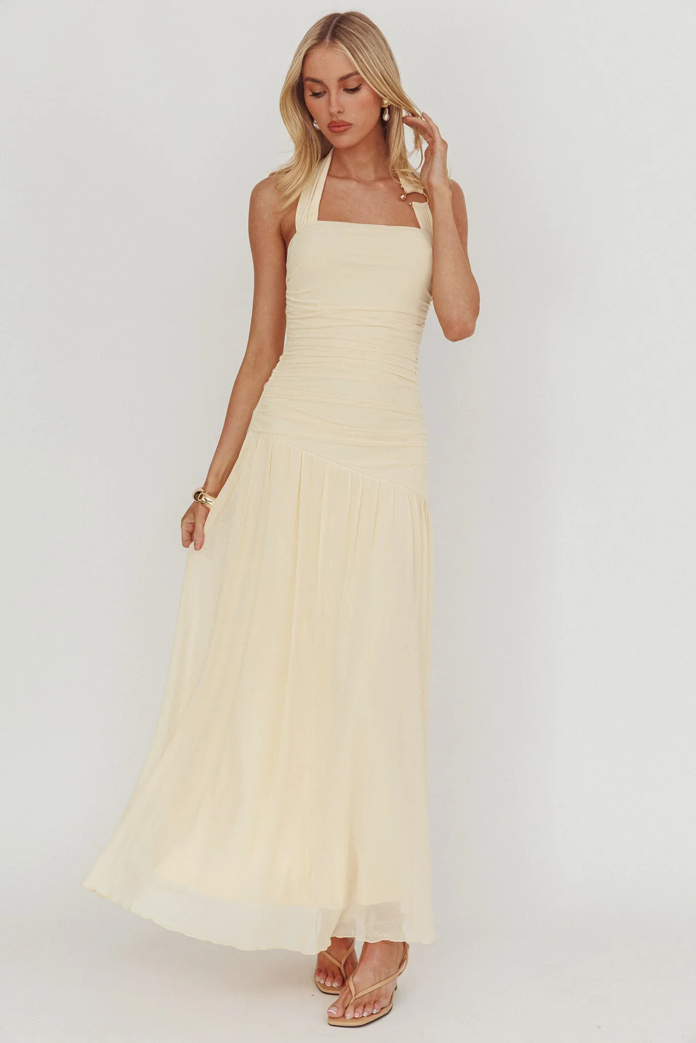 Azure Sun Halterneck Drop Waist Maxi Dress Yellow