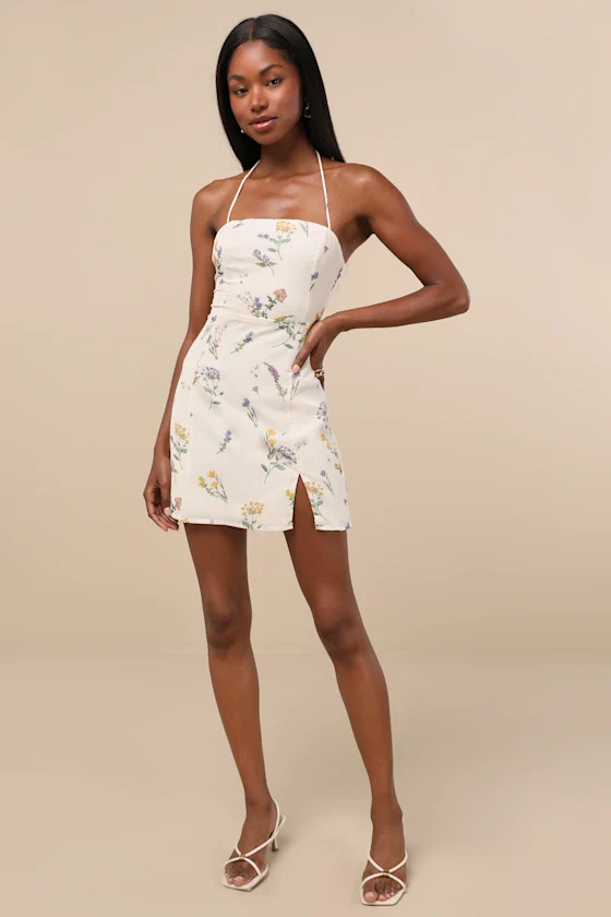 Catch the Bouquet Cream Floral Halter Lace-Up Mini Dress
