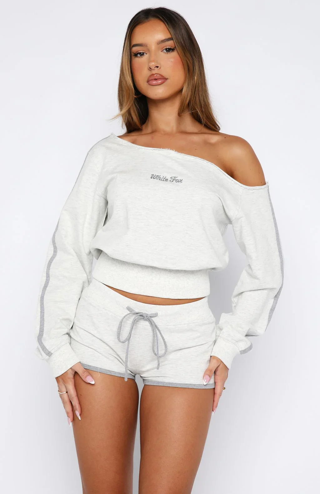 High Roller Off Shoulder Long Sleeve Sweater Grey Marle