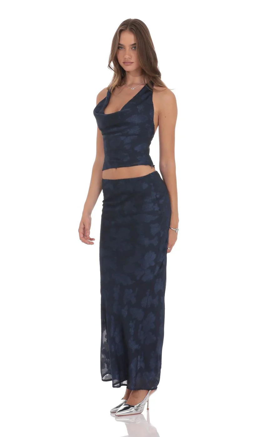Burnout Floral Maxi Skirt in Navy