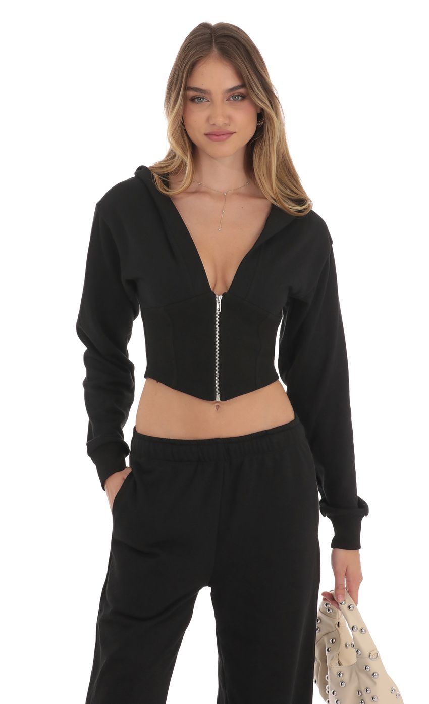 Cropped Pointed Hoodie Sports Suit in Black