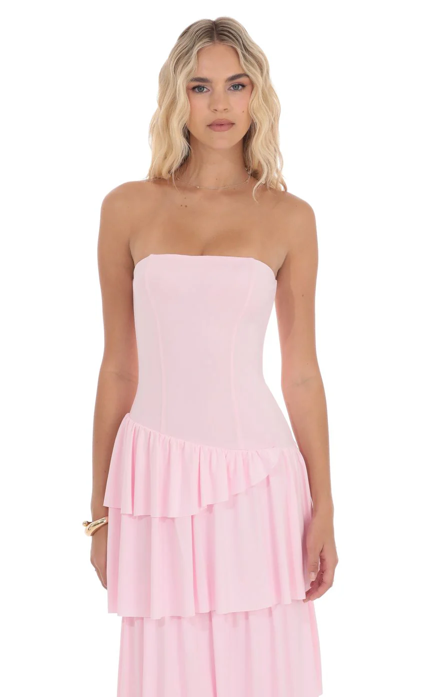 Strapless Asymmetrical Ruffle Maxi Dress in Pink