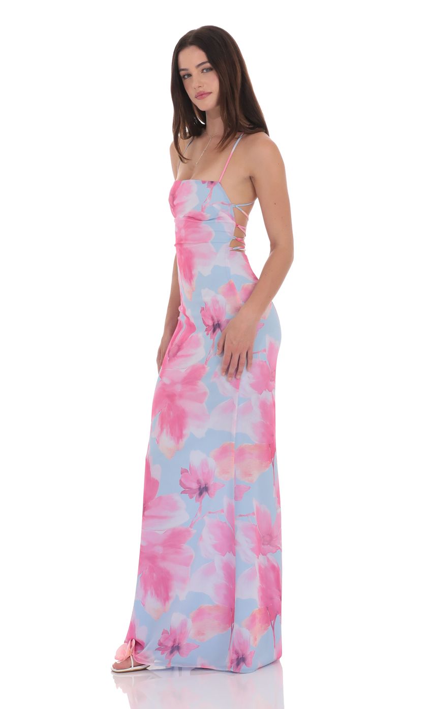 Floral Open Back Maxi Dress in Blue and Pink