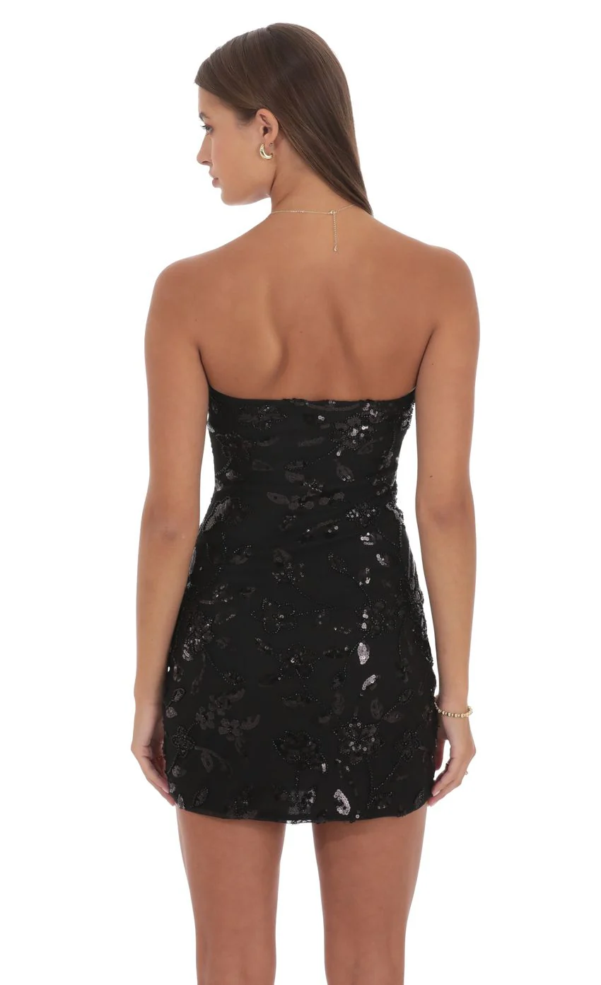 Strapless Sequin Floral Bodycon Dress in Black