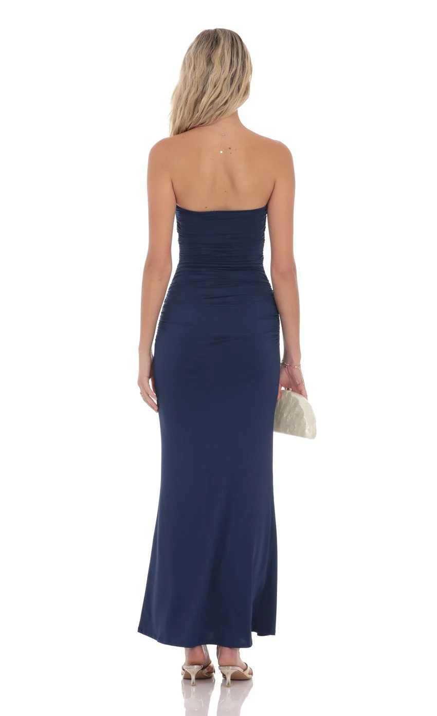 Seashell Ruched Bodycon Maxi Dress in Navy