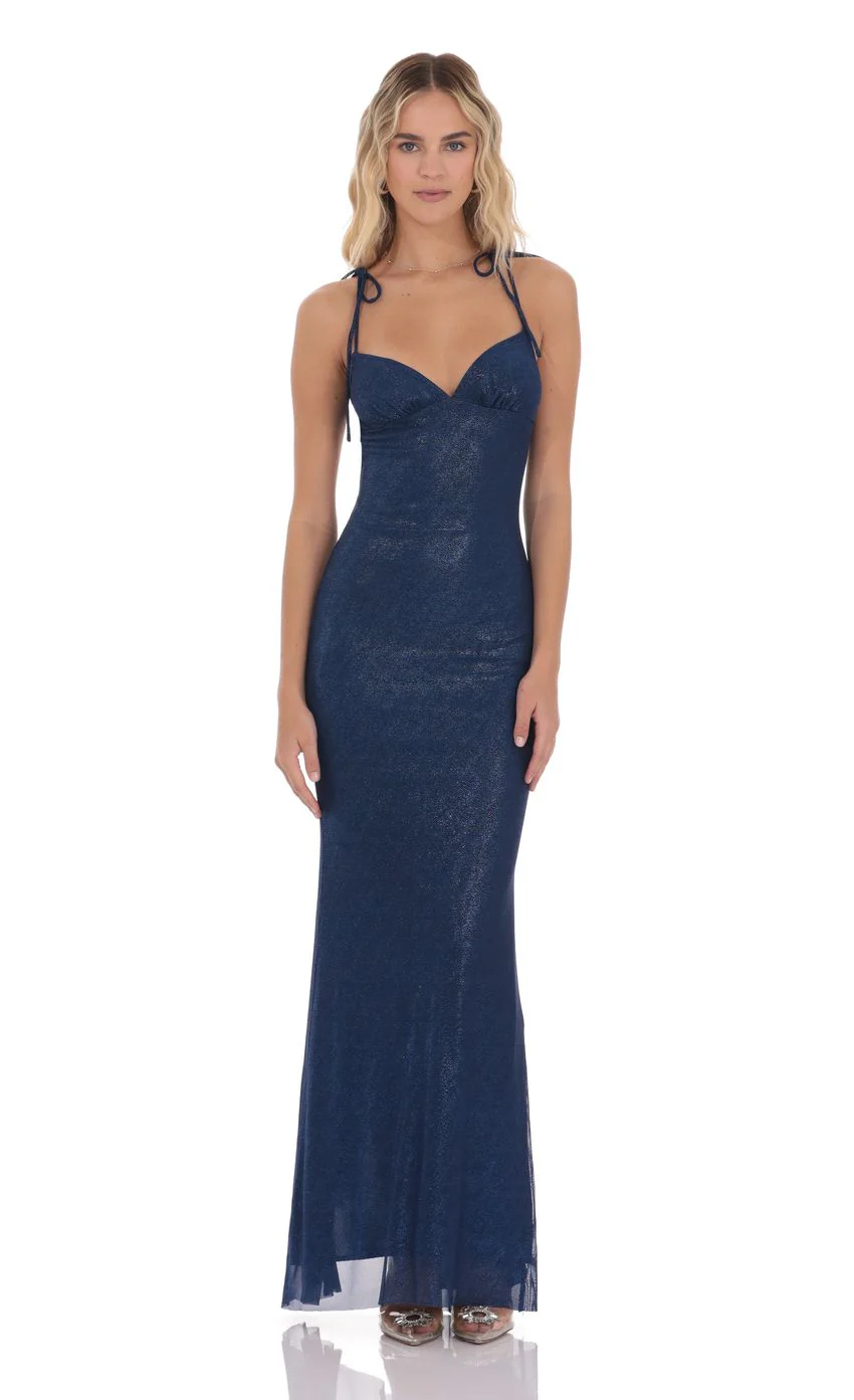 Foil Back Ruffle Maxi Dress in Navy
