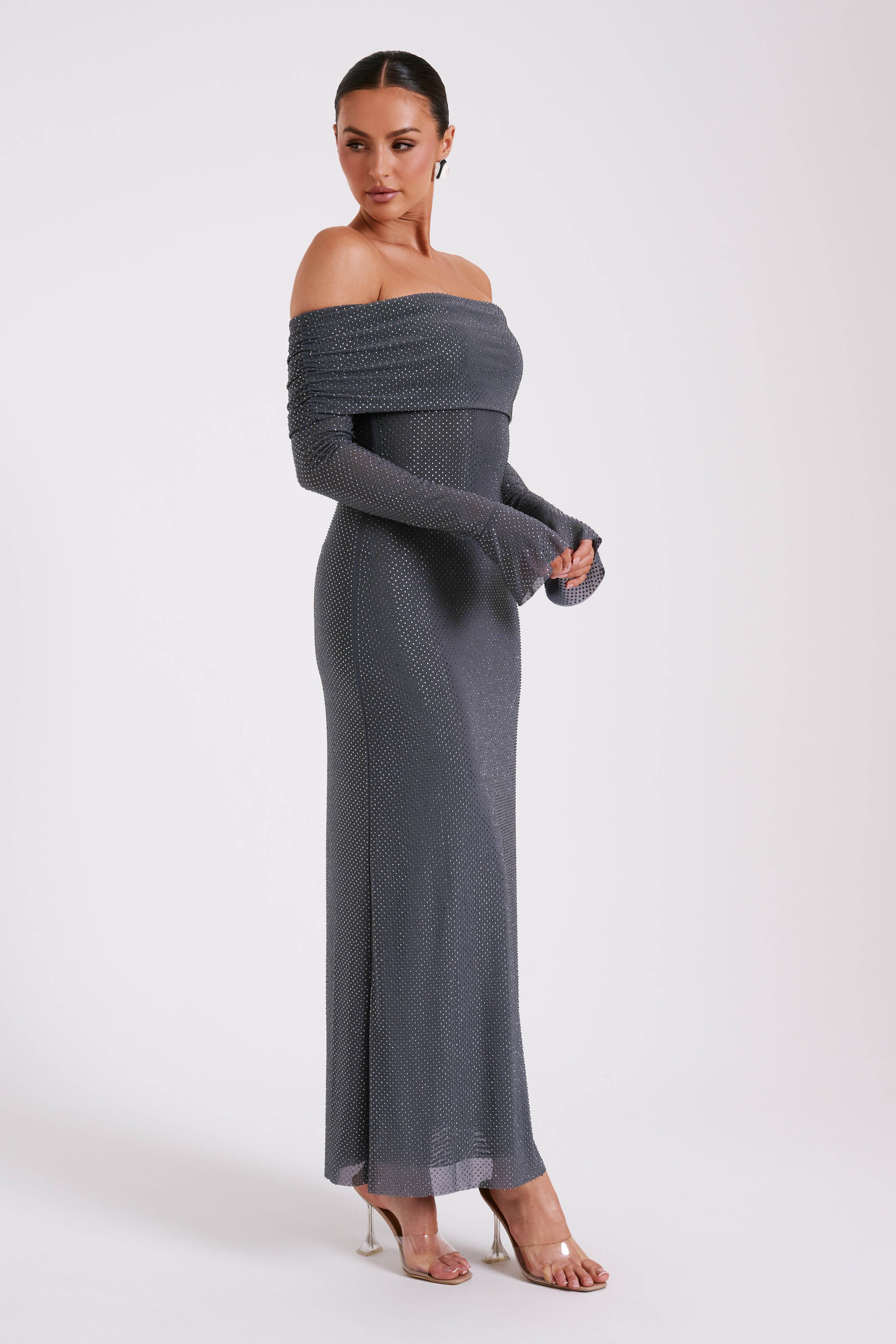 Marcel Off Shoulder Diamante Maxi Dress - Gunmetal/Chocolate