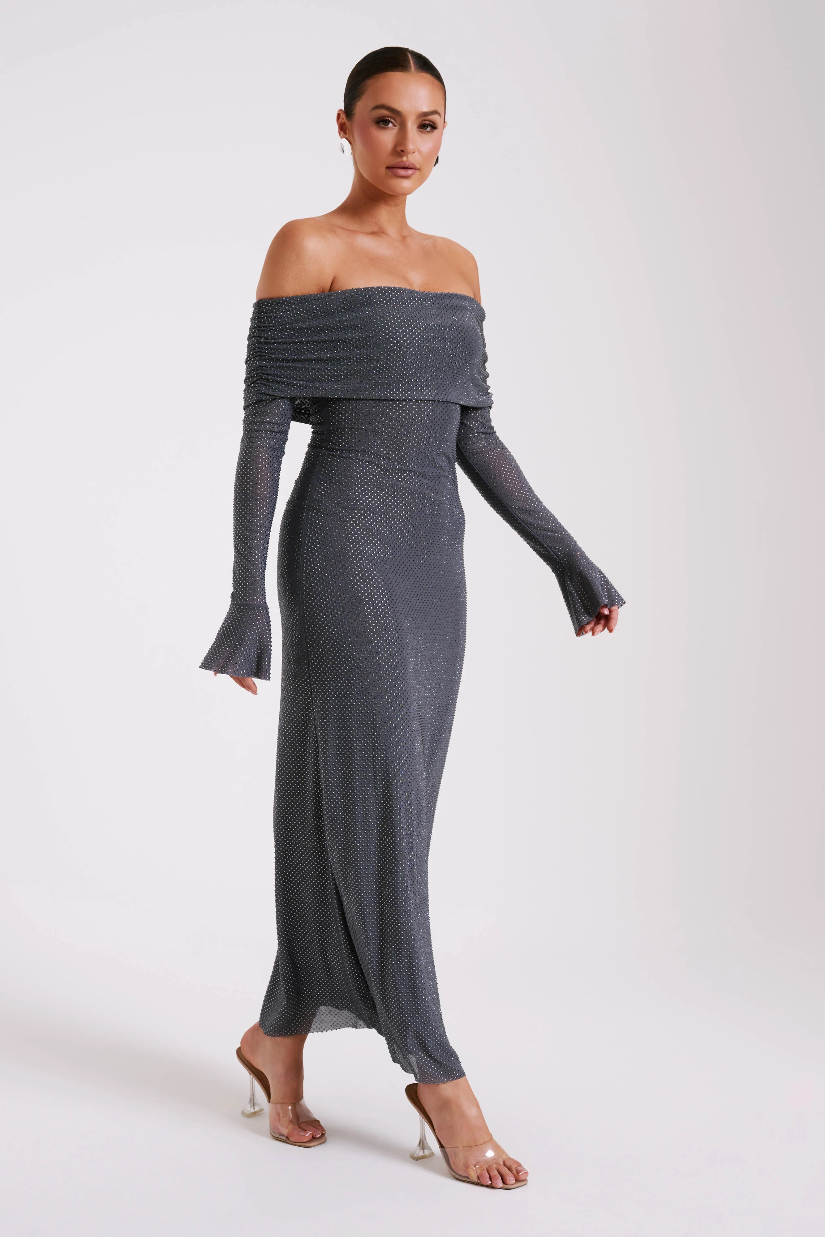 Marcel Off Shoulder Diamante Maxi Dress - Gunmetal/Chocolate
