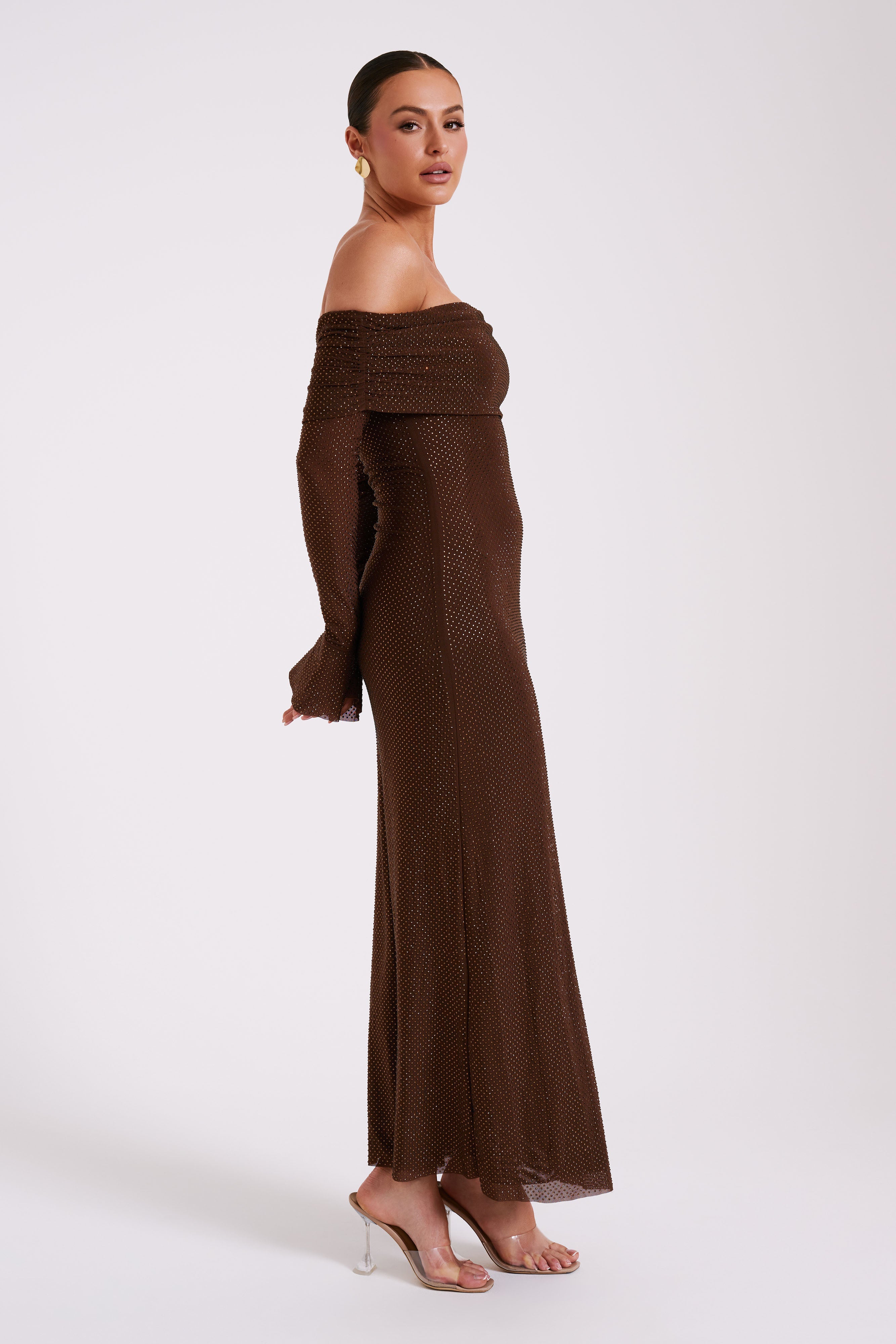 Marcel Off Shoulder Diamante Maxi Dress - Gunmetal/Chocolate