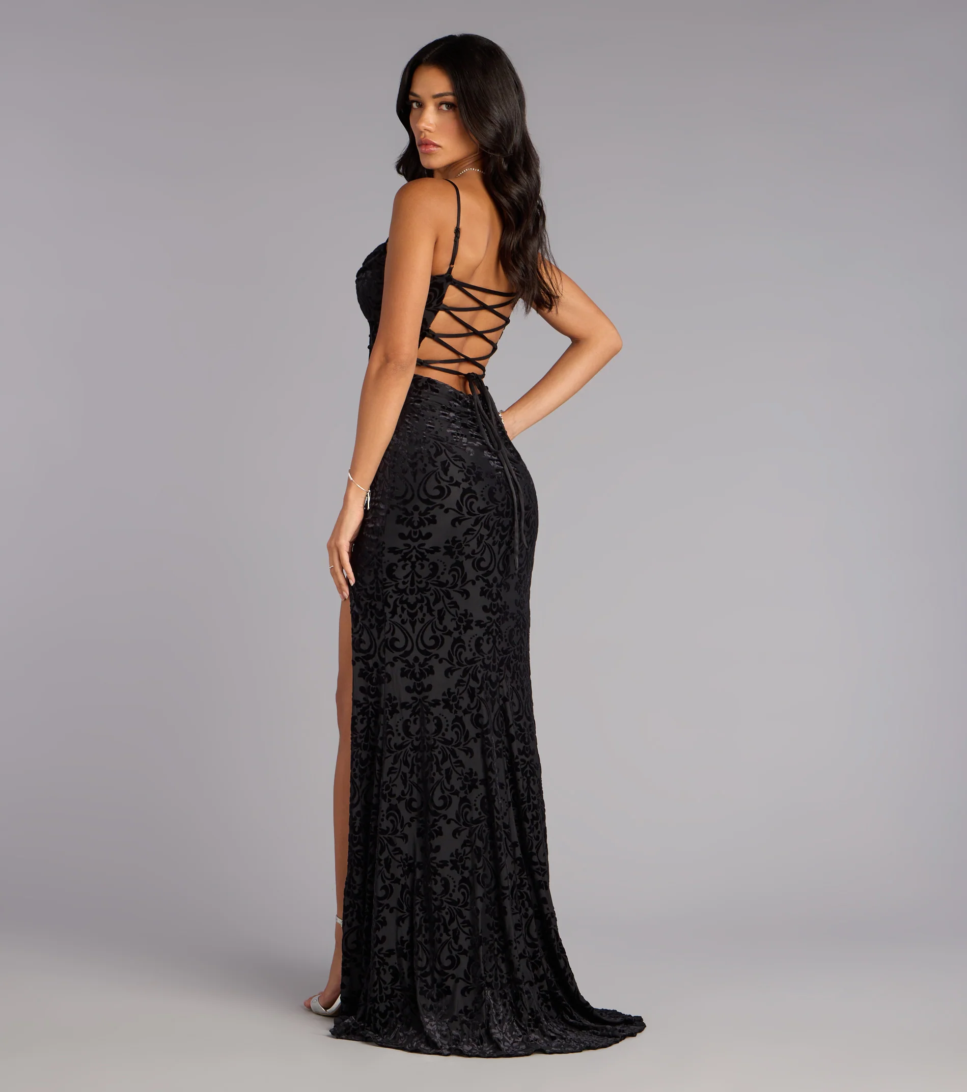 Ashlie Velvet Burnout Lace-Up Formal Dress