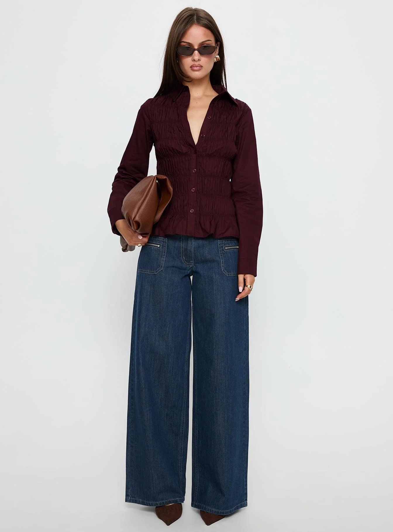 Cultivate Shirred Long Sleeve Top Plum