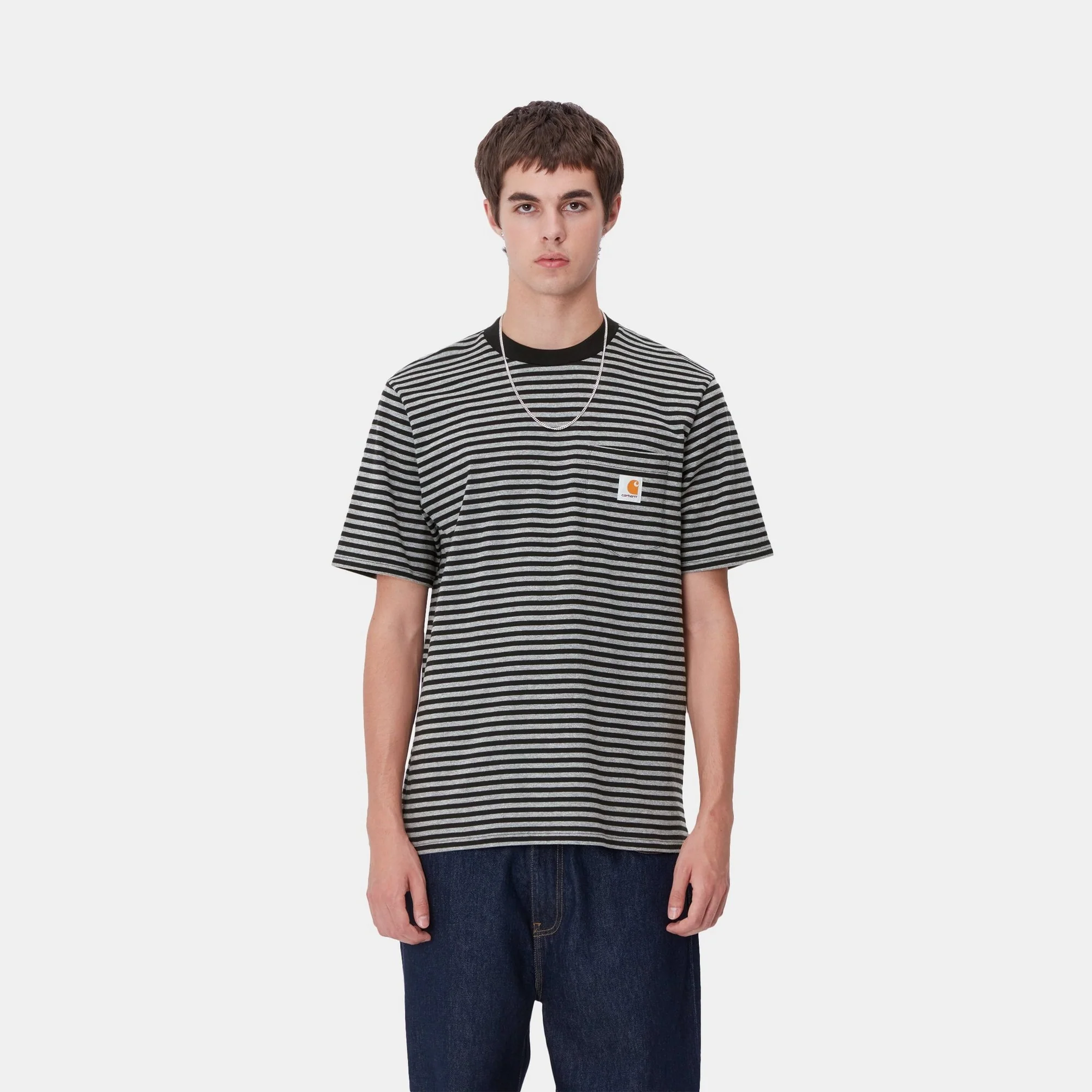 Verner Stripe Pocket T-Shirt | Black / Dark Grey Heather
