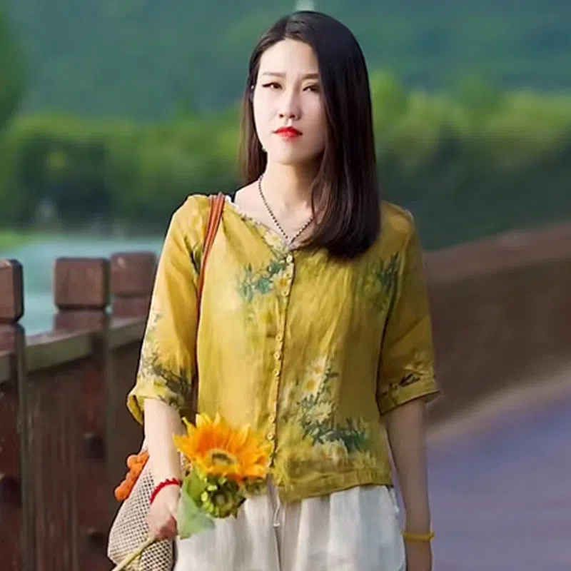 Katun dan Linen Serbaguna Cetak Setelan Longgar