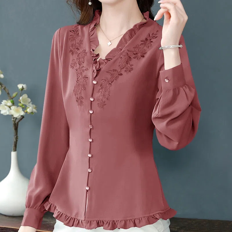 Kemeja bordir kerah V katun dan linen wanita