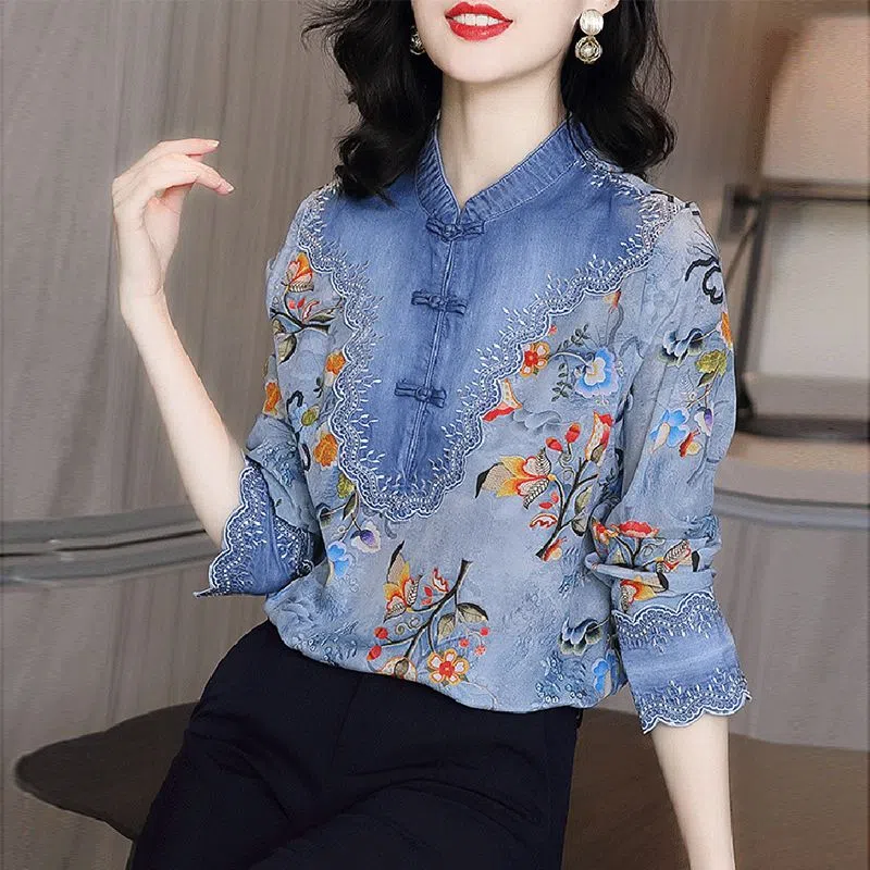 atasan sutra panel denim vintage