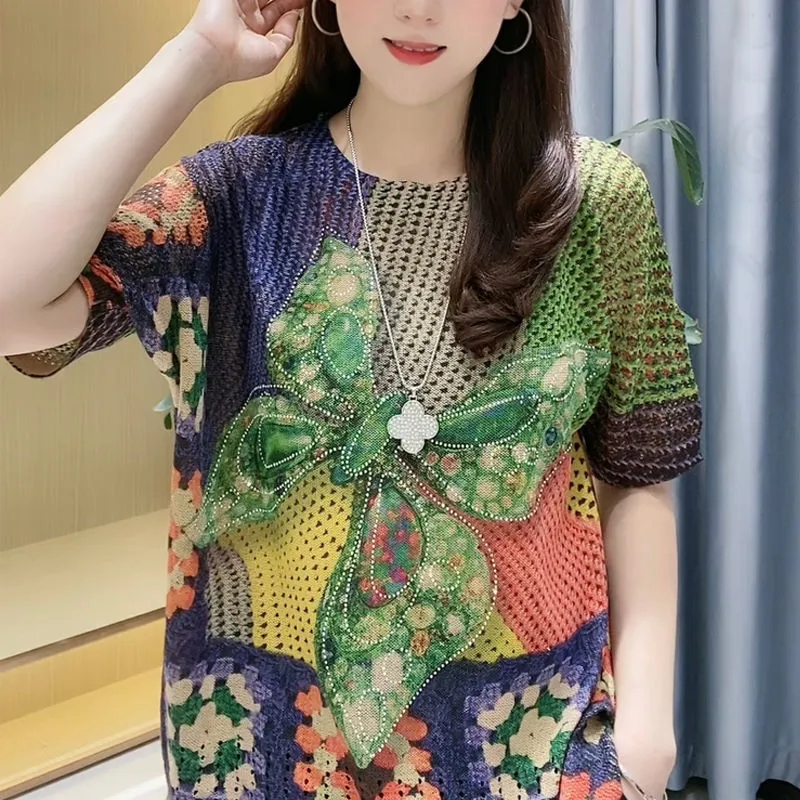 Atasan Kaos Sablon Kupu-kupu Rajutan Wanita