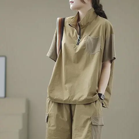 Set Kaos Celana Pendek Katun Linen Longgar Warna Solid