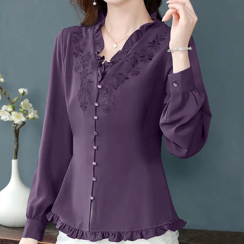 Kemeja bordir kerah V katun dan linen wanita