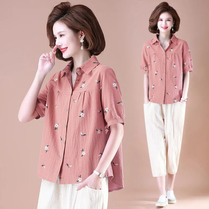 Kemeja lengan pendek katun longgar gaya barat wanita