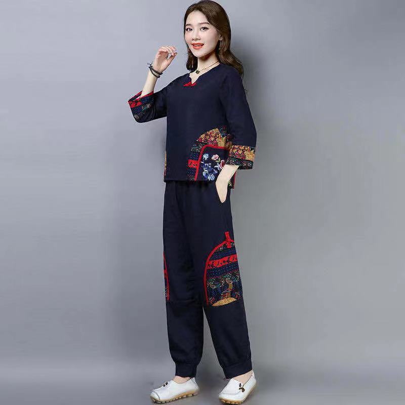 set dua potong celana atas katun dan linen bersulam