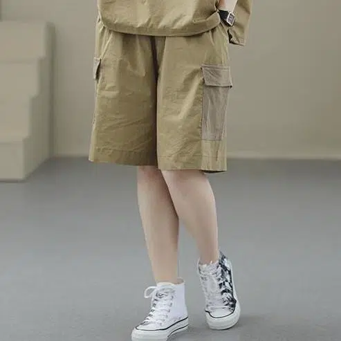 Set Kaos Celana Pendek Katun Linen Longgar Warna Solid