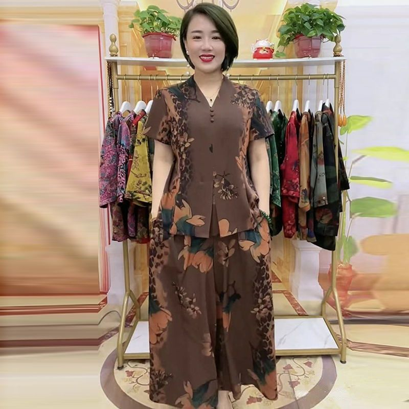 Wanita Retro Tinggi Pinggang Tipis Lebar Kaki Celana Kemeja Setelan