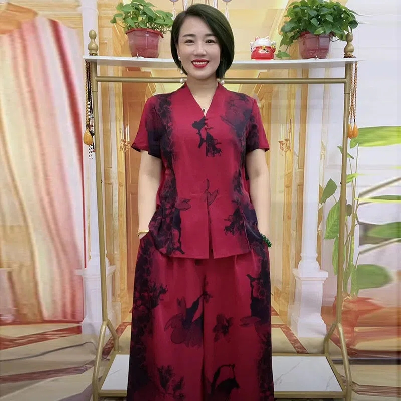 Wanita Retro Tinggi Pinggang Tipis Lebar Kaki Celana Kemeja Setelan