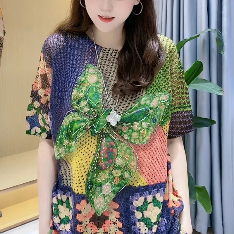 Atasan Kaos Sablon Kupu-kupu Rajutan Wanita