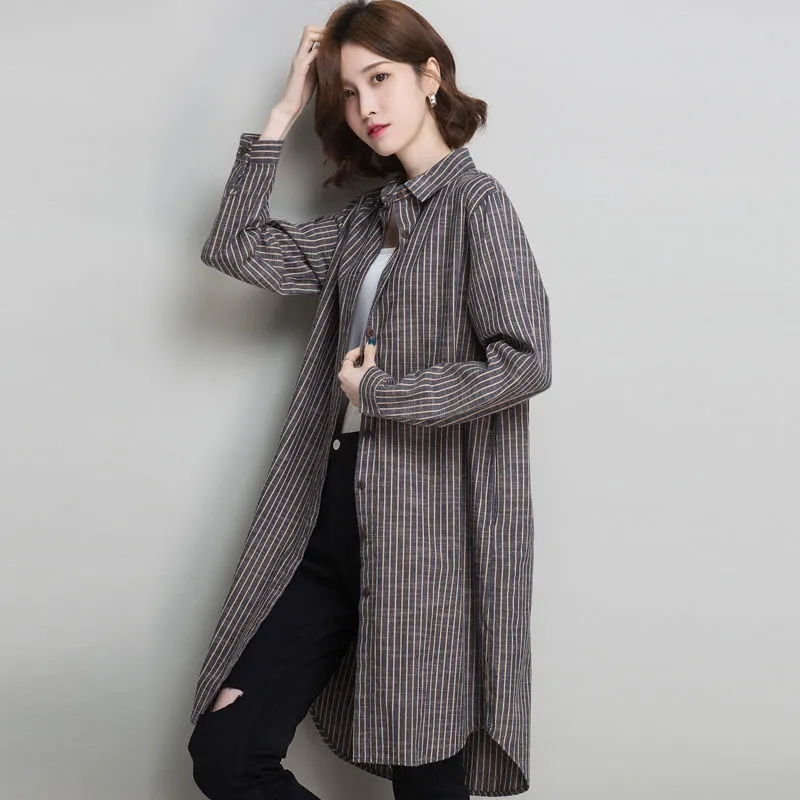 Jaket Kemeja Bergaris Katun Linen Fashion Wanita