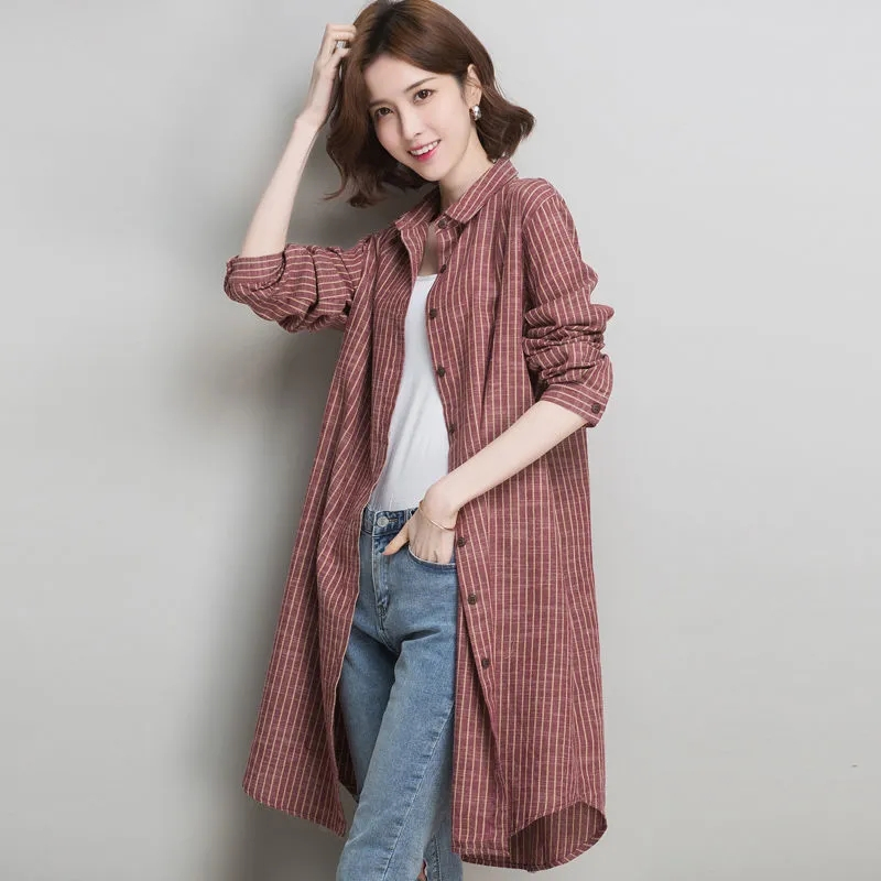 Jaket Kemeja Bergaris Katun Linen Fashion Wanita