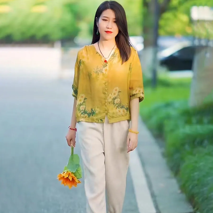 Katun dan Linen Serbaguna Cetak Setelan Longgar