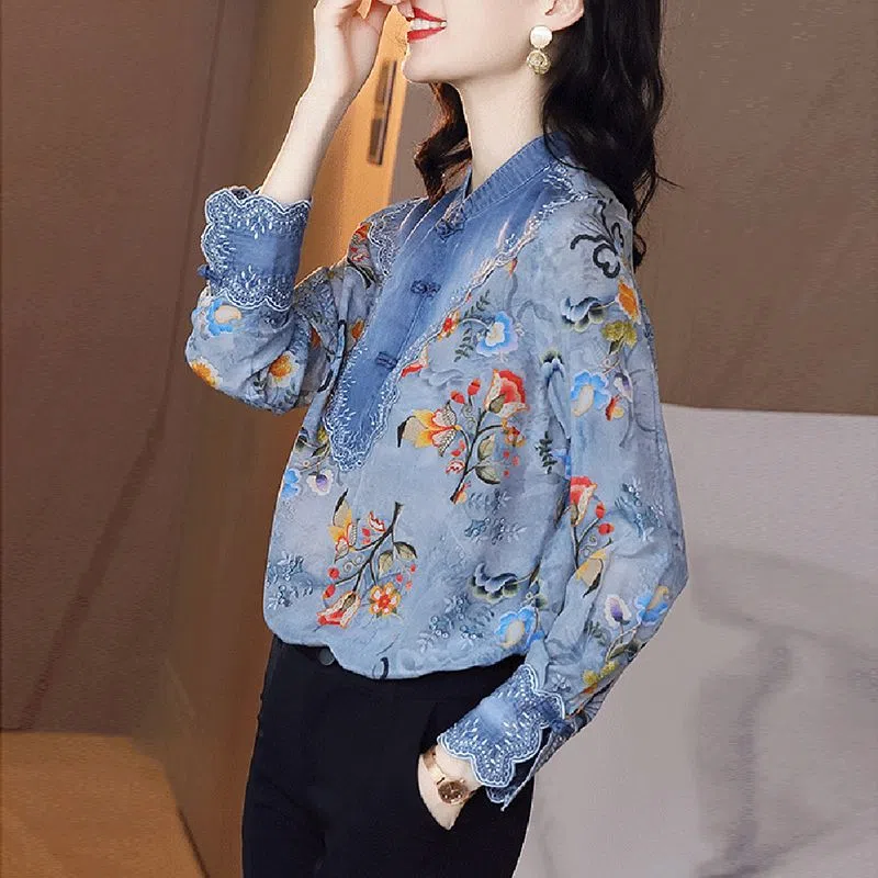 atasan sutra panel denim vintage