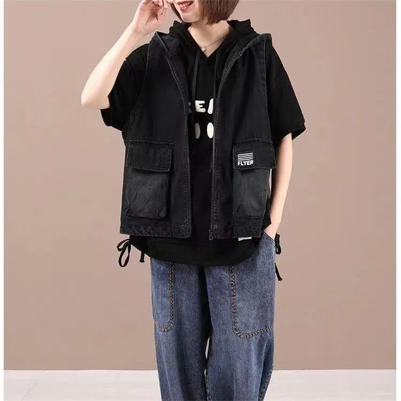 Rompi denim wanita ukuran besar mantel pendek tipis