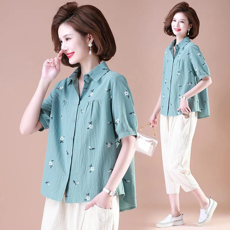 Kemeja lengan pendek katun longgar gaya barat wanita