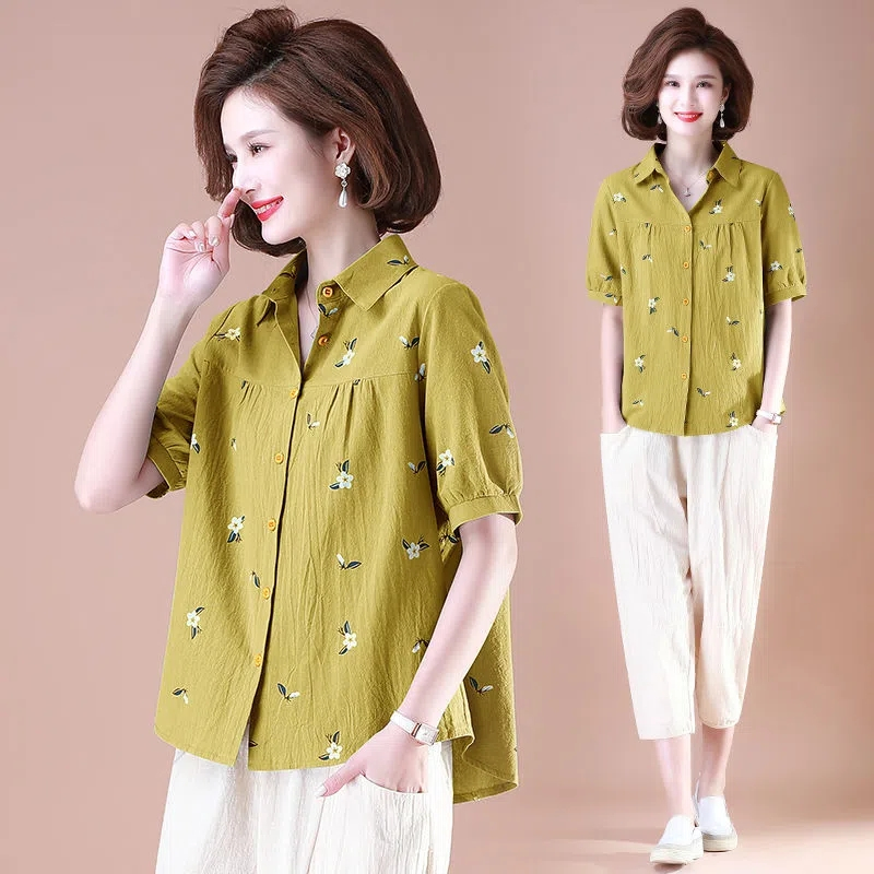 Kemeja lengan pendek katun longgar gaya barat wanita