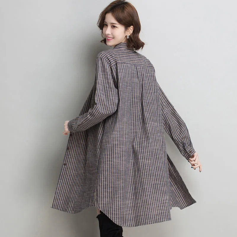 Jaket Kemeja Bergaris Katun Linen Fashion Wanita