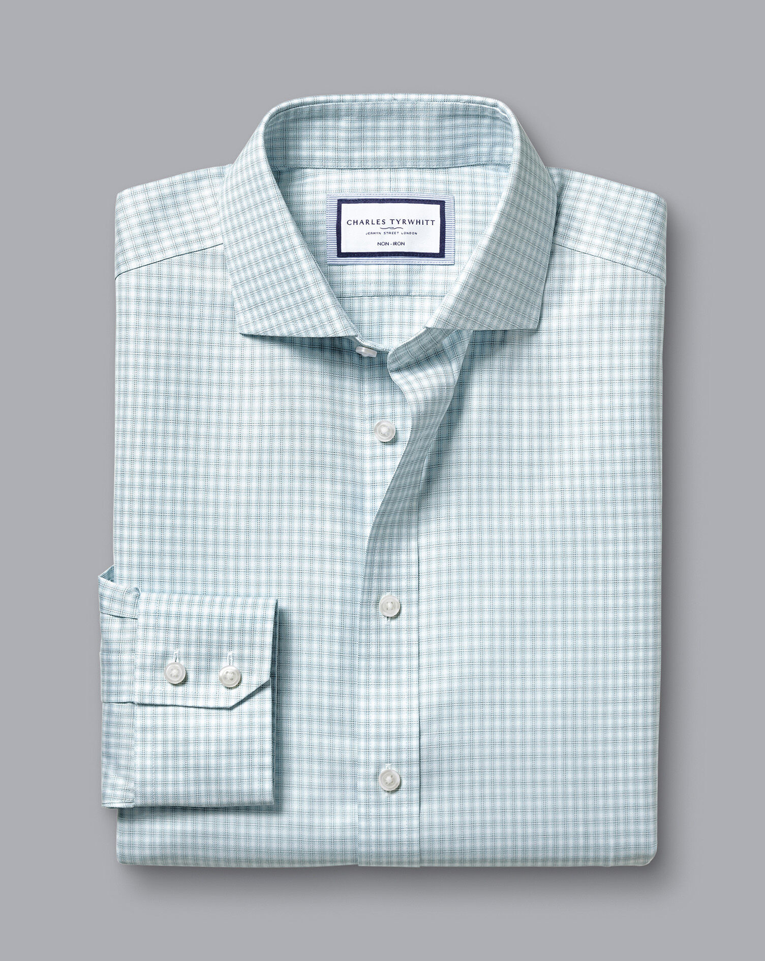 Spread Collar Non-Iron Double Check Shirt - Pale Teal Green